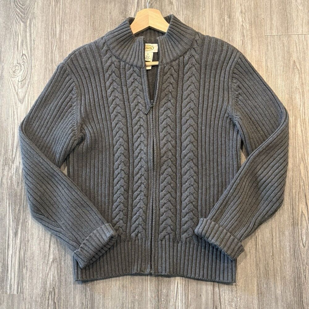 VTG Talbots Cardigan Sweater Full Zip 100% Cotton Fisherman Mock Neck Sz M Gray